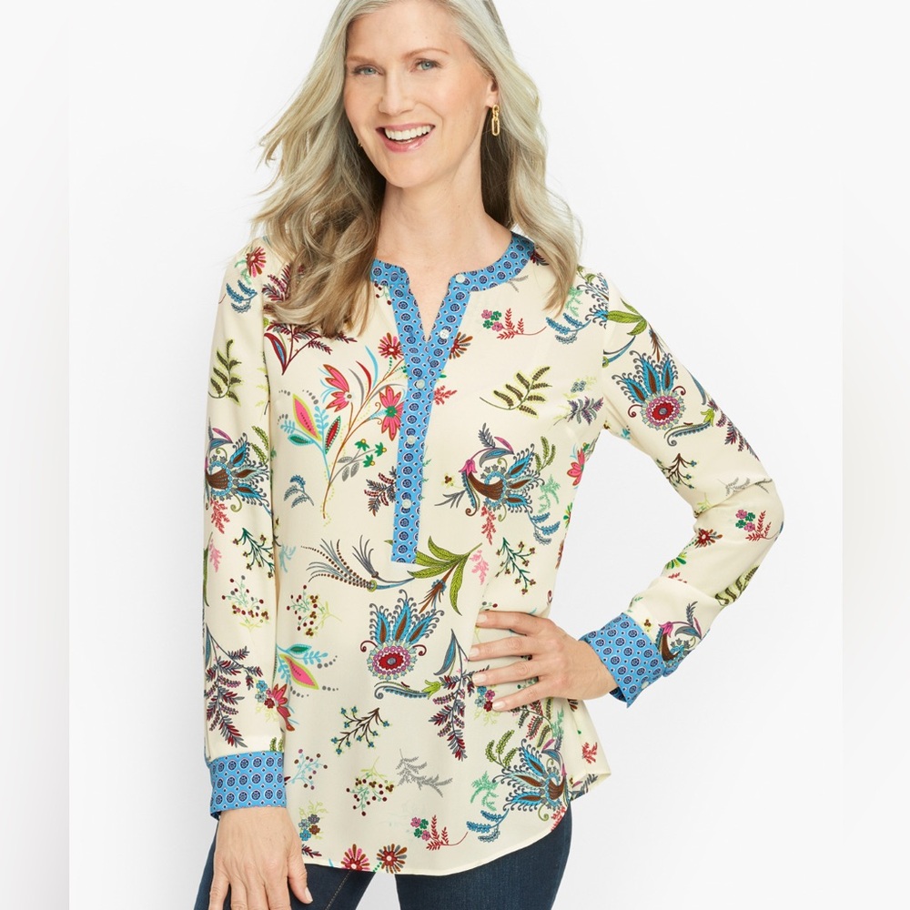 Talbots Dancing Floral botanical blouse top band collar popover  - size 3XL